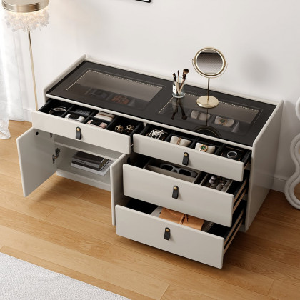 HMR - Modern 47"W Glass 4 Drawer Dresser with Light Closet Island with Jewelry Storage & Doors