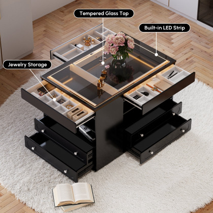 HMR 47"W Dresser Walk in Closet Island with Jewelry Storage LED Light - Black