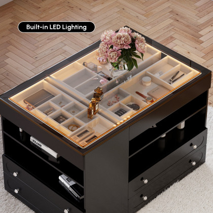 HMR 47"W Dresser Walk in Closet Island with Jewelry Storage LED Light - Black