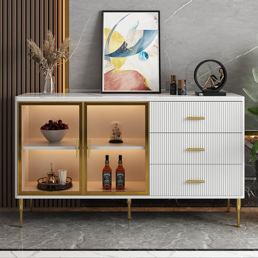 HMR Cofab Sideboard Sintered Stone Top Luxury Buffet Tempered Glass Doors - White, 59"