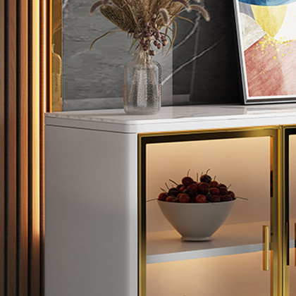 HMR Cofab Sideboard Sintered Stone Top Luxury Buffet Tempered Glass Doors - White, 59"