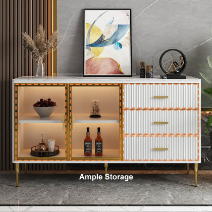 HMR Cofab Sideboard Sintered Stone Top Luxury Buffet Tempered Glass Doors - White, 59"