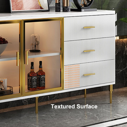 HMR Cofab Sideboard Sintered Stone Top Luxury Buffet Tempered Glass Doors - White, 59"