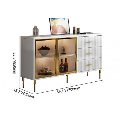 HMR Cofab Sideboard Sintered Stone Top Luxury Buffet Tempered Glass Doors - White, 59"