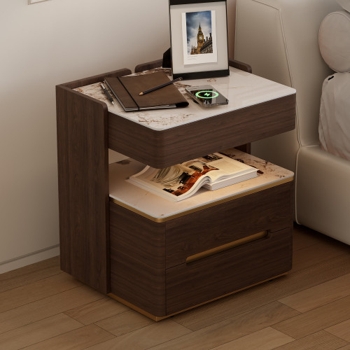 HMR Vailora Smart Nightstand with Wireless Charger Sensor Light Bluetooth Speakers - Walnut & White, Set Of 2