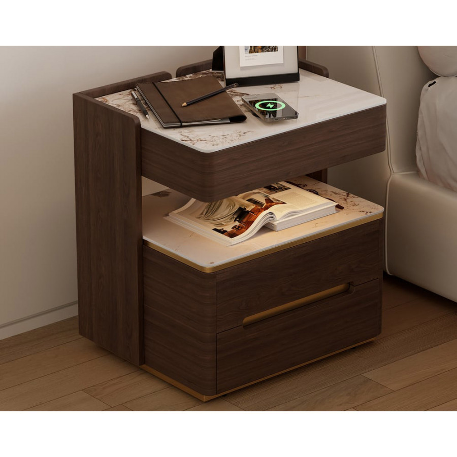 HMR Vailora Smart Nightstand with Wireless Charger Sensor Light Bluetooth Speakers - Walnut & White, Set Of 2