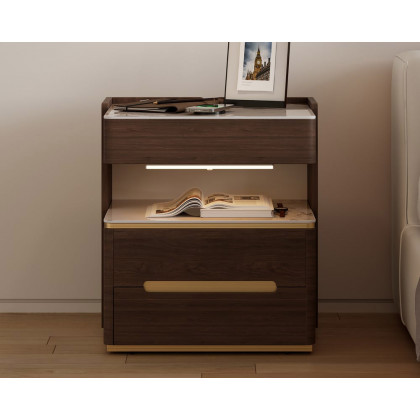 HMR Vailora Smart Nightstand with Wireless Charger Sensor Light Bluetooth Speakers - Walnut & White, Set Of 2