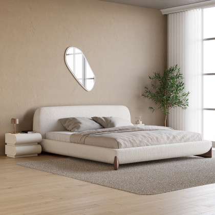 HMR Modern White Boucle Platform Bed & 2 Smart Boucle Nightstand Style A - White, Queen, 2 Drawers