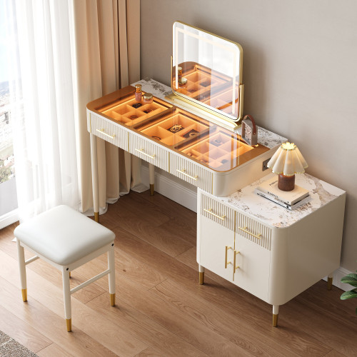 HMR Glass Sintered Stone Top Makeup Vanity Set with Mirror - White
