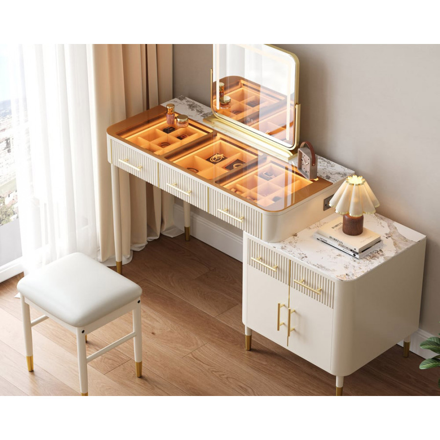 HMR Glass Sintered Stone Top Makeup Vanity Set with Mirror - White