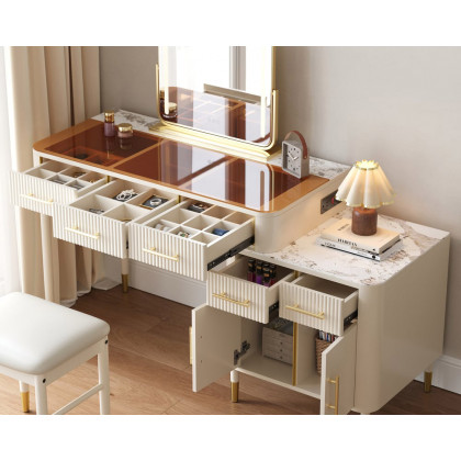 HMR Glass Sintered Stone Top Makeup Vanity Set with Mirror - White