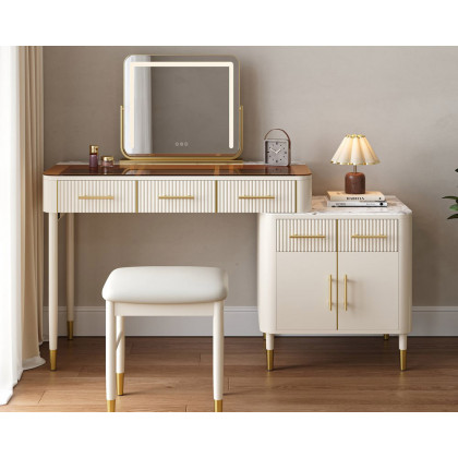 HMR Glass Sintered Stone Top Makeup Vanity Set with Mirror - White