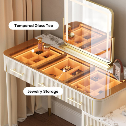 HMR Glass Sintered Stone Top Makeup Vanity Set with Mirror - White