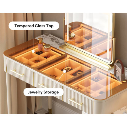 HMR Glass Sintered Stone Top Makeup Vanity Set with Mirror - White
