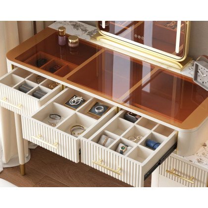 HMR Glass Sintered Stone Top Makeup Vanity Set with Mirror - White