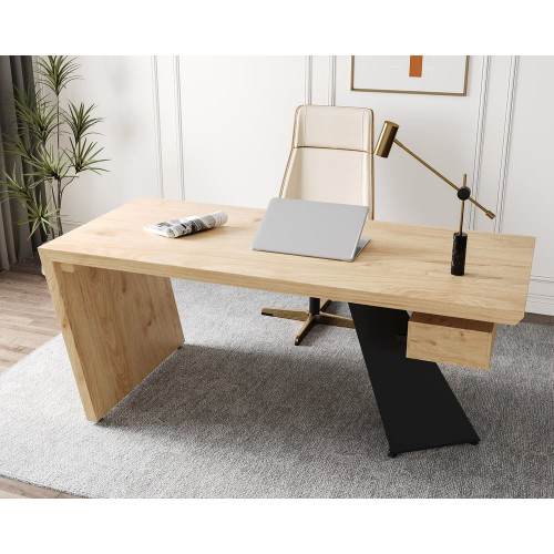 HMR Industrial Wooden Writing Desk & Leather Office Chair Set - Natural, 70.9"L x 31.5"W x 29.5"H
