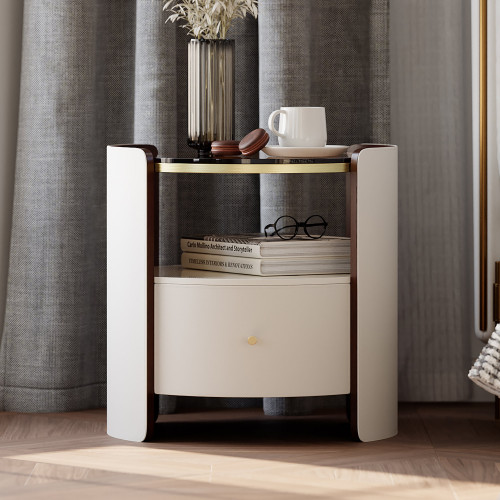 HMR Modern Round Leather Nightstand with Glass Top & Sintered Stone Bedside with Shelf - White, Set Of 2