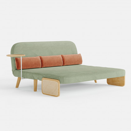 HMR Velvet & Rattan Sleeper Sofa with Tray - Green, Queen Size