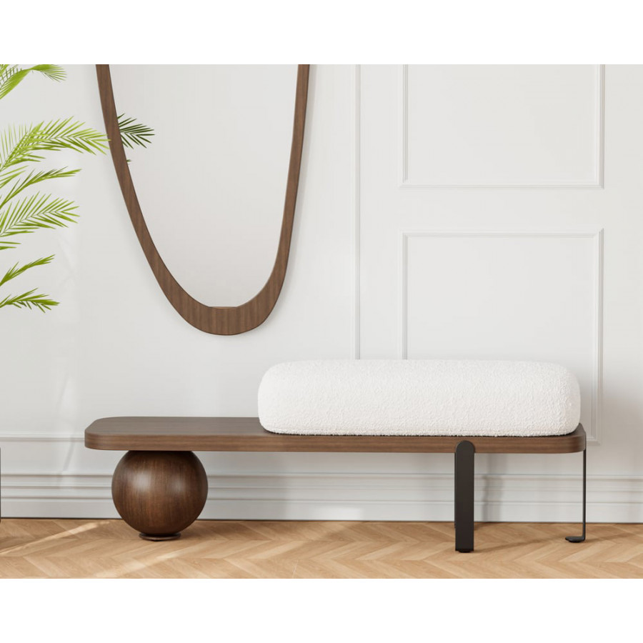 HMR Wooden Entryway Bench Fleece Upholstered with Abstract Metal Legs - Walnut/Black