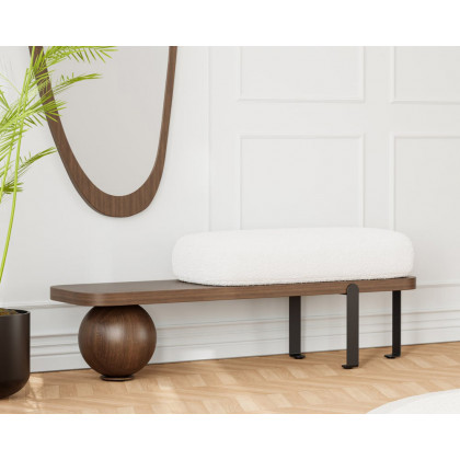 HMR Wooden Entryway Bench Fleece Upholstered with Abstract Metal Legs - Walnut/Black