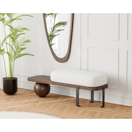 HMR Wooden Entryway Bench Fleece Upholstered with Abstract Metal Legs - Walnut/Black