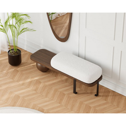 HMR Wooden Entryway Bench Fleece Upholstered with Abstract Metal Legs - Walnut/Black