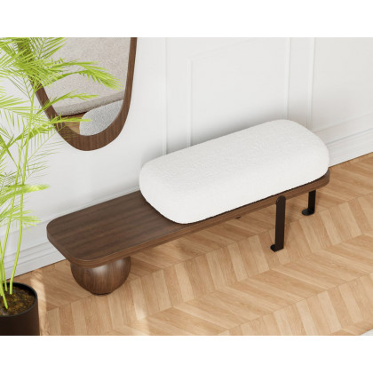 HMR Wooden Entryway Bench Fleece Upholstered with Abstract Metal Legs - Walnut/Black