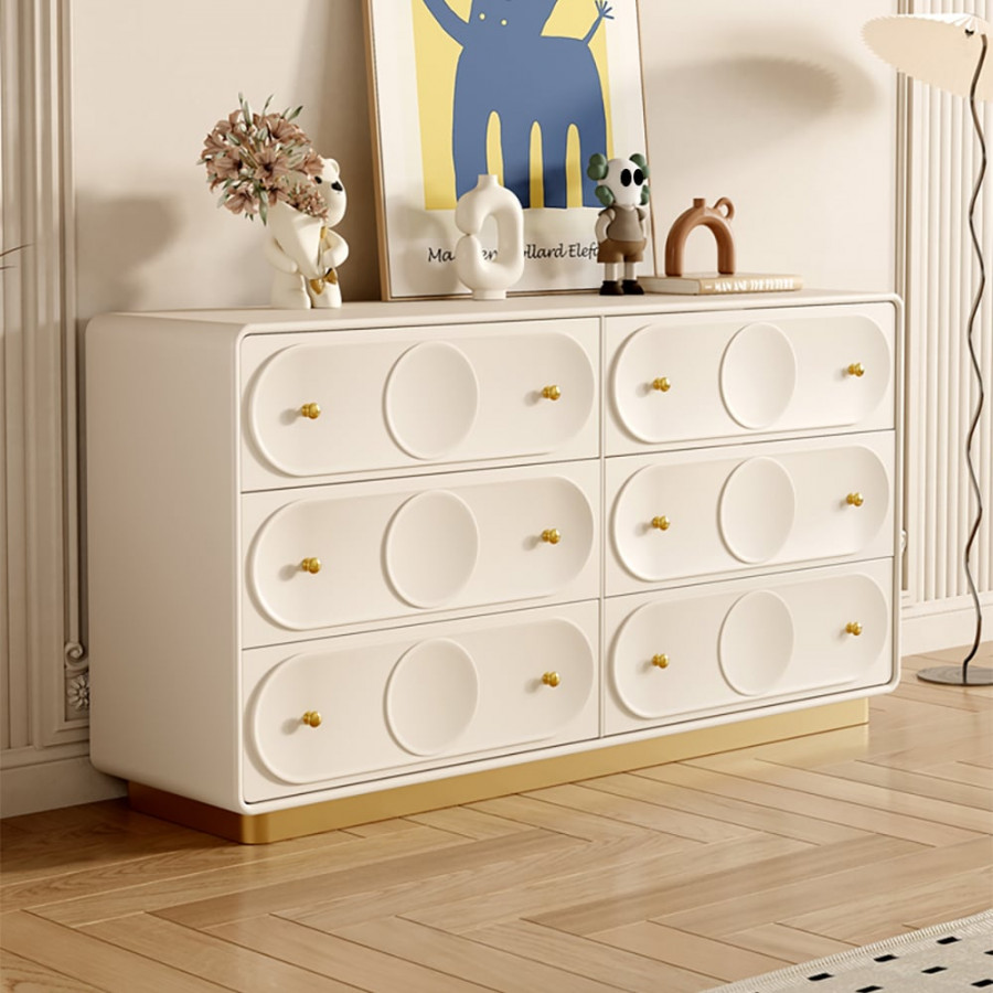 HMR - 59.1"W Art Deco White & Gold 6 Drawer Dresser Chest with Storage Cabinet