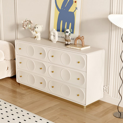 HMR - 59.1"W Art Deco White & Gold 6 Drawer Dresser Chest with Storage Cabinet