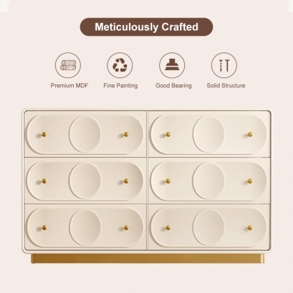 HMR - 59.1"W Art Deco White & Gold 6 Drawer Dresser Chest with Storage Cabinet