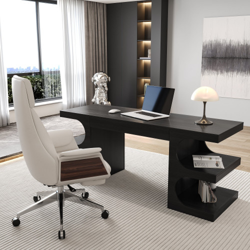HMR 64.2" Wooden Writing Desk & Reclining Leather Office Desk Chair Set - Black & White