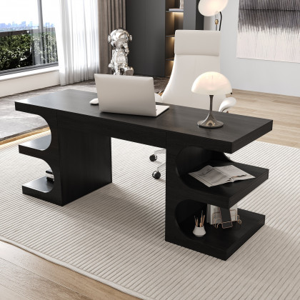 HMR 64.2" Wooden Writing Desk & Reclining Leather Office Desk Chair Set - Black & White