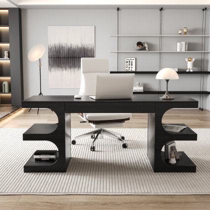 HMR 64.2" Wooden Writing Desk & Reclining Leather Office Desk Chair Set - Black & White