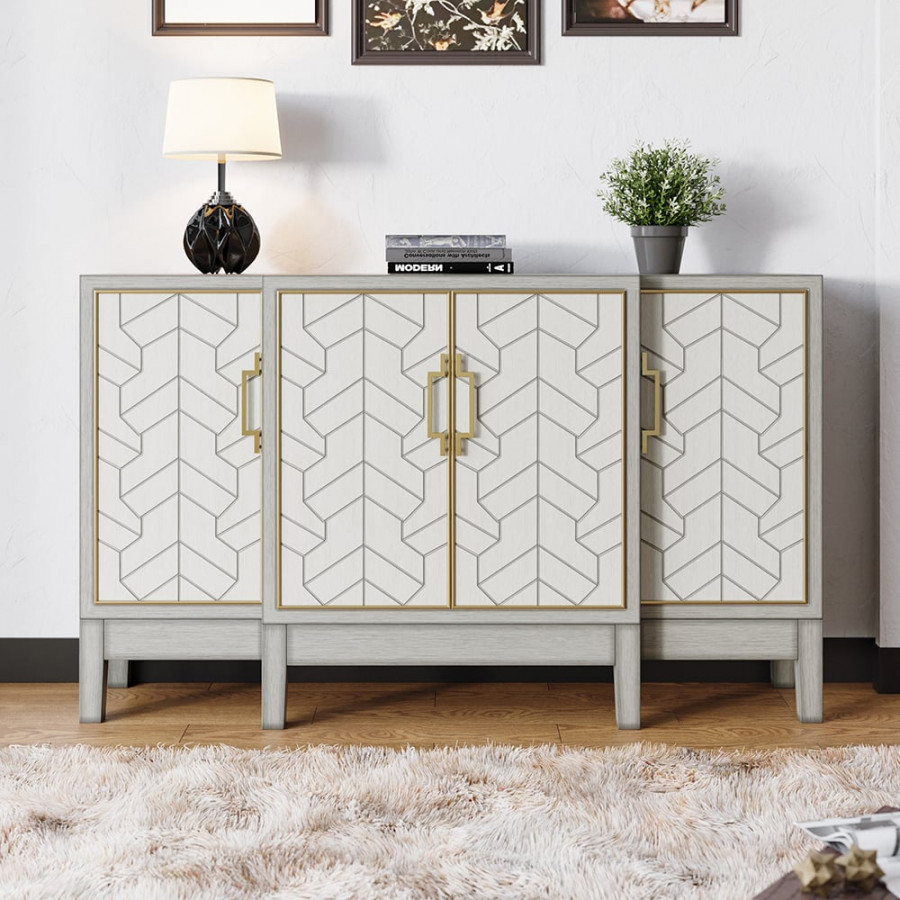 HMR - 59" Antique Gray Sideboard Buffet with Doors Farmhouse Carved Credenza