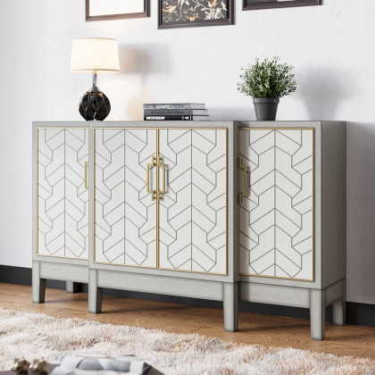 HMR - 59" Antique Gray Sideboard Buffet with Doors Farmhouse Carved Credenza