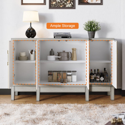 HMR - 59" Antique Gray Sideboard Buffet with Doors Farmhouse Carved Credenza