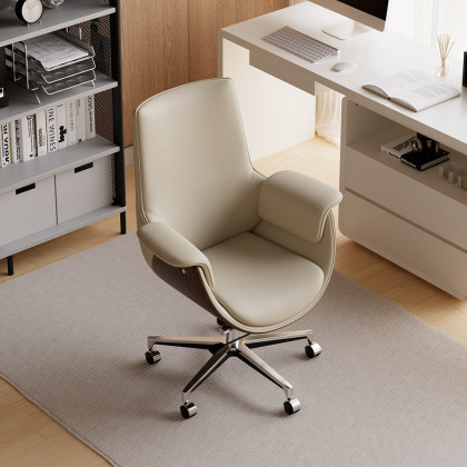 HMR - Gray Leather Modern Home Office Chair Upholstered High Back Desk Chair Wood Grain Frame