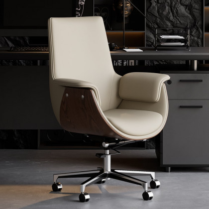 HMR - Gray Leather Modern Home Office Chair Upholstered High Back Desk Chair Wood Grain Frame