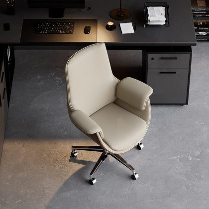 HMR - Gray Leather Modern Home Office Chair Upholstered High Back Desk Chair Wood Grain Frame