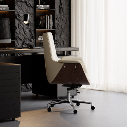 HMR - Gray Leather Modern Home Office Chair Upholstered High Back Desk Chair Wood Grain Frame