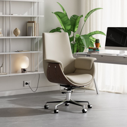HMR - Gray Leather Modern Home Office Chair Upholstered High Back Desk Chair Wood Grain Frame