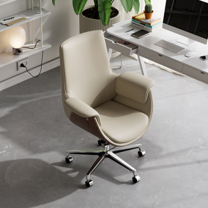 HMR - Gray Leather Modern Home Office Chair Upholstered High Back Desk Chair Wood Grain Frame