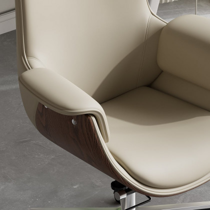HMR - Gray Leather Modern Home Office Chair Upholstered High Back Desk Chair Wood Grain Frame