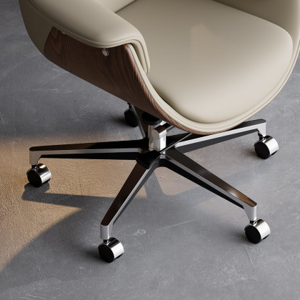 HMR - Gray Leather Modern Home Office Chair Upholstered High Back Desk Chair Wood Grain Frame
