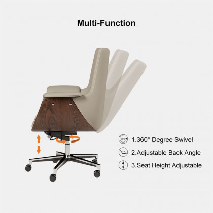 HMR - Gray Leather Modern Home Office Chair Upholstered High Back Desk Chair Wood Grain Frame