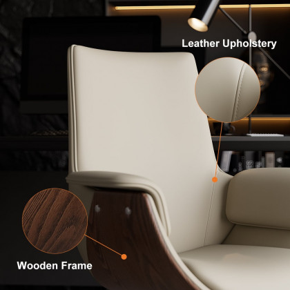 HMR - Gray Leather Modern Home Office Chair Upholstered High Back Desk Chair Wood Grain Frame
