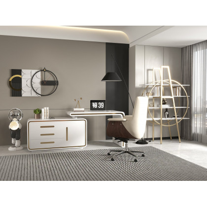 HMR - Gray Leather Modern Home Office Chair Upholstered High Back Desk Chair Wood Grain Frame