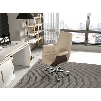 HMR - Gray Leather Modern Home Office Chair Upholstered High Back Desk Chair Wood Grain Frame