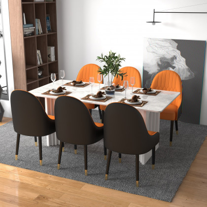 HMR Darg Series Modern PU Leather Upholstery Dining Chairs - Orange/Black, Set of 8