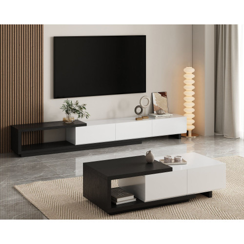HMR Quoint Extendable TV Stand & Coffee Table Set - White & Black, 1790mm-2550mm